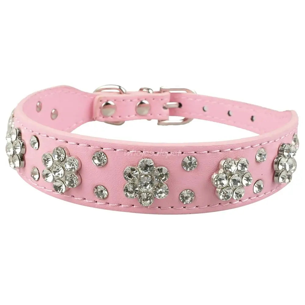 Coleira diamante de couro com strass para cachorro, colar para cães pequenos e médios, com cristal brilhante, rosa e vermelho