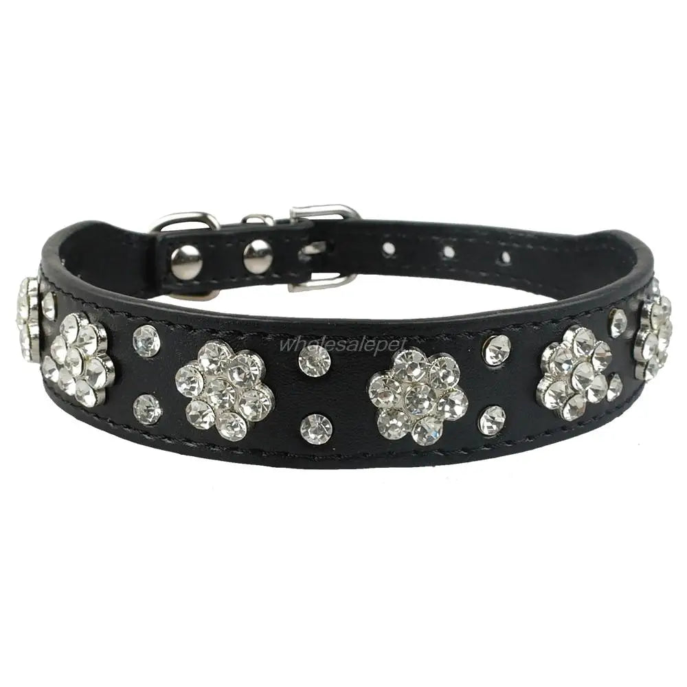 Coleira diamante de couro com strass para cachorro, colar para cães pequenos e médios, com cristal brilhante, rosa e vermelho