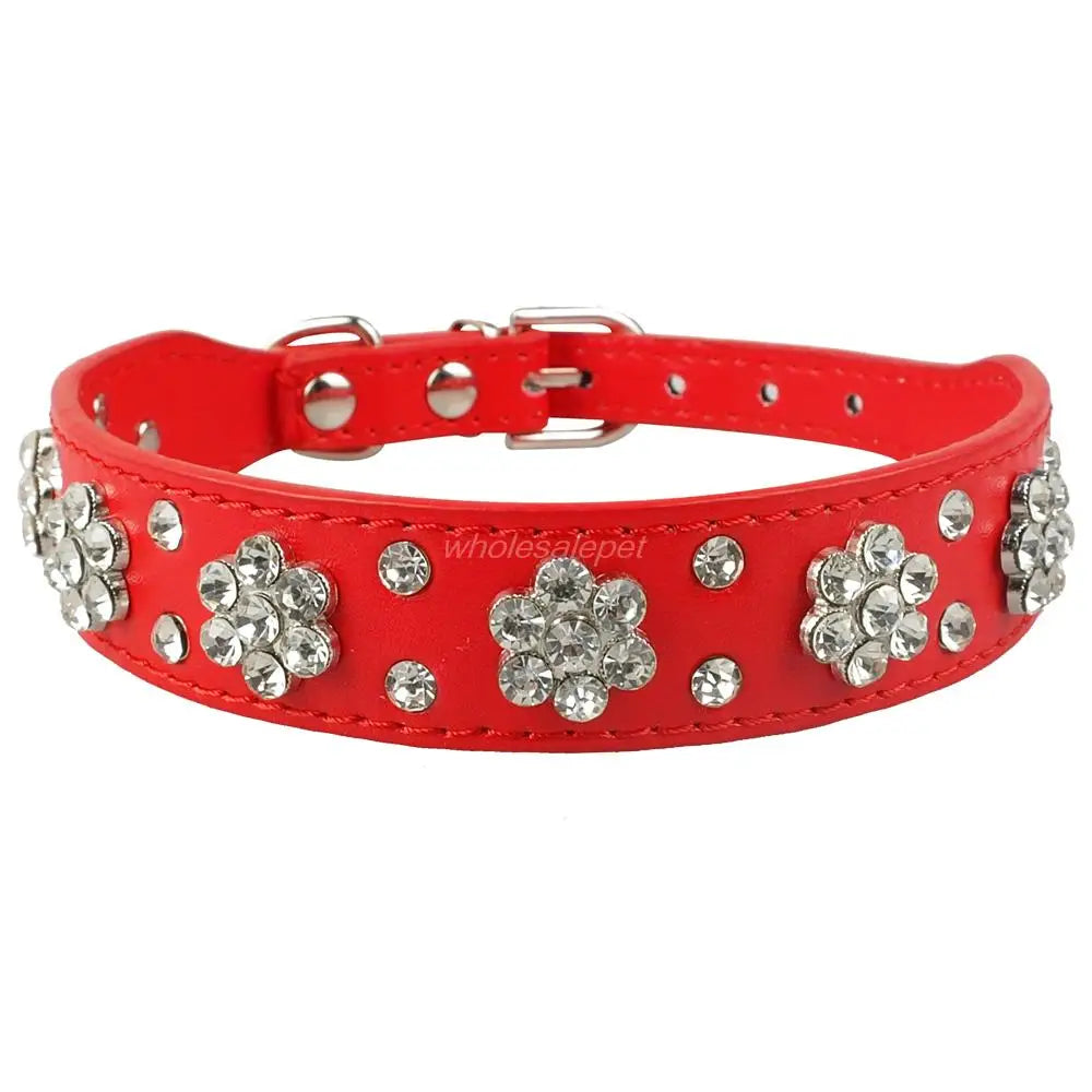 Coleira diamante de couro com strass para cachorro, colar para cães pequenos e médios, com cristal brilhante, rosa e vermelho
