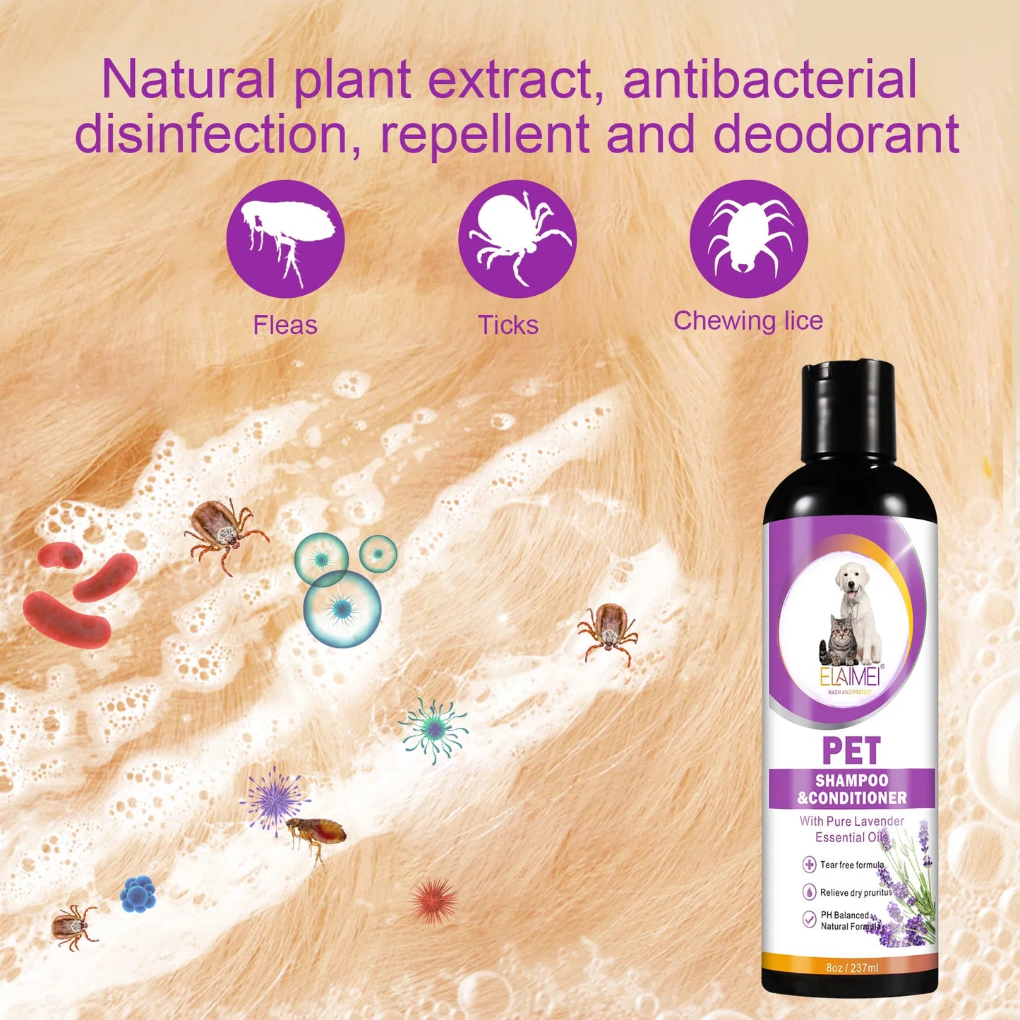 Shampoo para animais de estimação para cães, projetado para remover manchas, cuidar dos cabelos, aliviar a secura e coceira, elimina o odor corporal e nutre