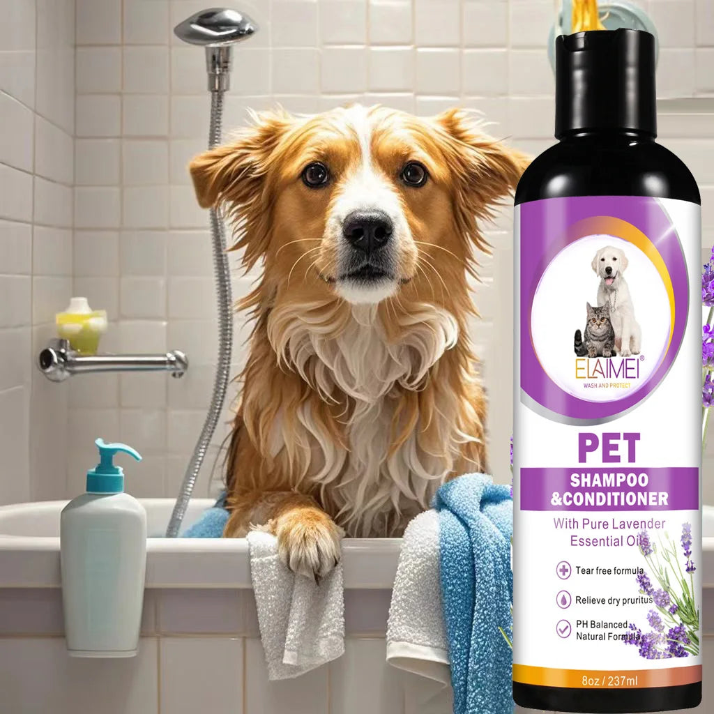 Shampoo para animais de estimação para cães, projetado para remover manchas, cuidar dos cabelos, aliviar a secura e coceira, elimina o odor corporal e nutre