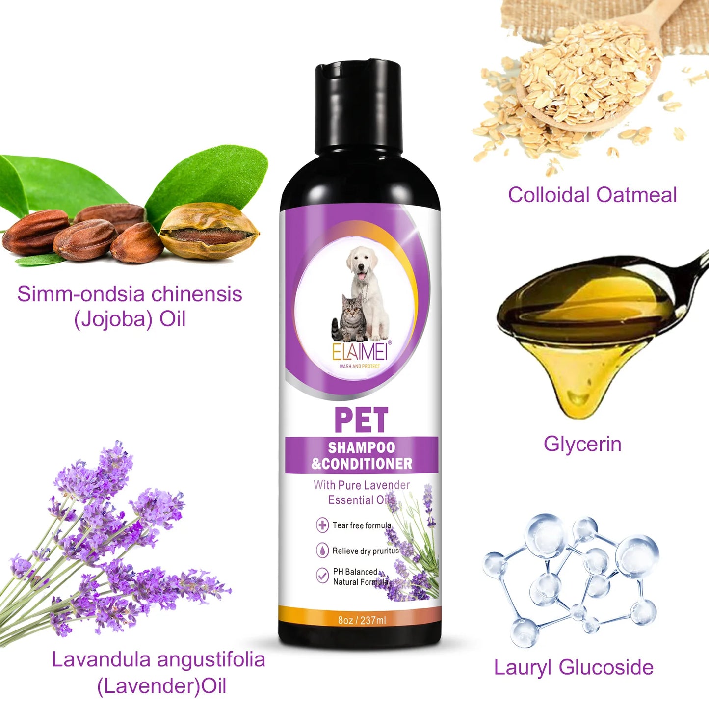 Shampoo para animais de estimação para cães, projetado para remover manchas, cuidar dos cabelos, aliviar a secura e coceira, elimina o odor corporal e nutre