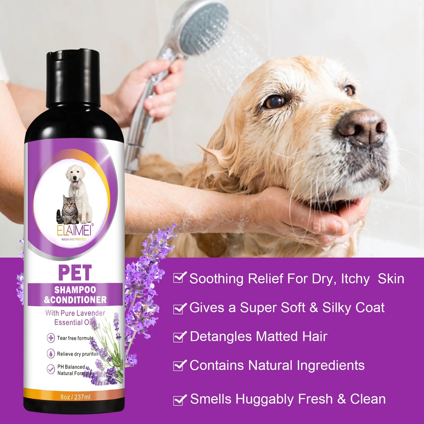 Shampoo para animais de estimação para cães, projetado para remover manchas, cuidar dos cabelos, aliviar a secura e coceira, elimina o odor corporal e nutre