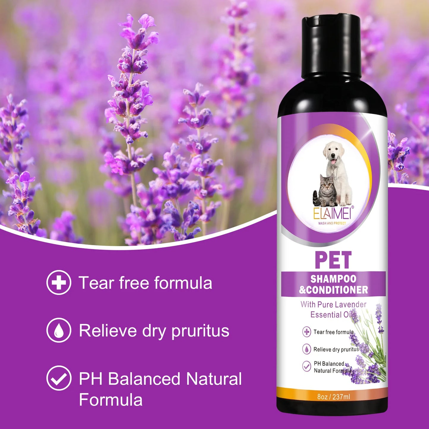 Shampoo para animais de estimação para cães, projetado para remover manchas, cuidar dos cabelos, aliviar a secura e coceira, elimina o odor corporal e nutre