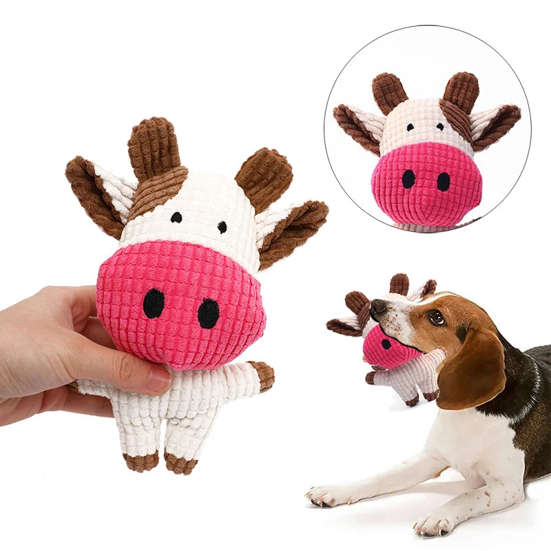 Brinquedo de pelúcia para animais de estimação pequenos e médios, brinquedos interativos engraçados, formato de vaca/marco, suprimentos de brinquedo de mastigar para cães de pelúcia