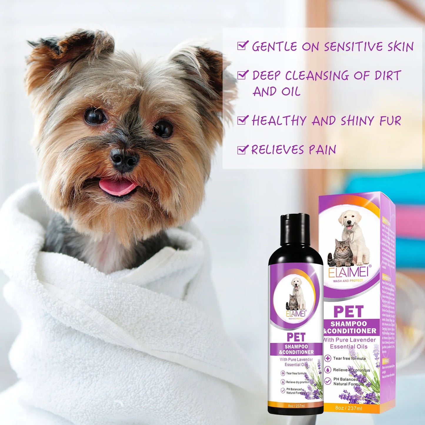 Shampoo para animais de estimação para cães, projetado para remover manchas, cuidar dos cabelos, aliviar a secura e coceira, elimina o odor corporal e nutre