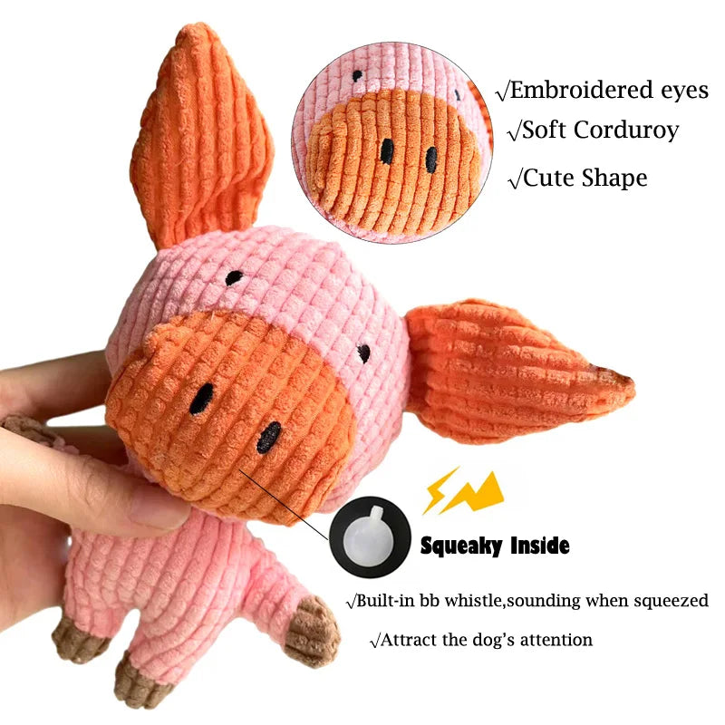 Brinquedo de pelúcia para animais de estimação pequenos e médios, brinquedos interativos engraçados, formato de vaca/marco, suprimentos de brinquedo de mastigar para cães de pelúcia