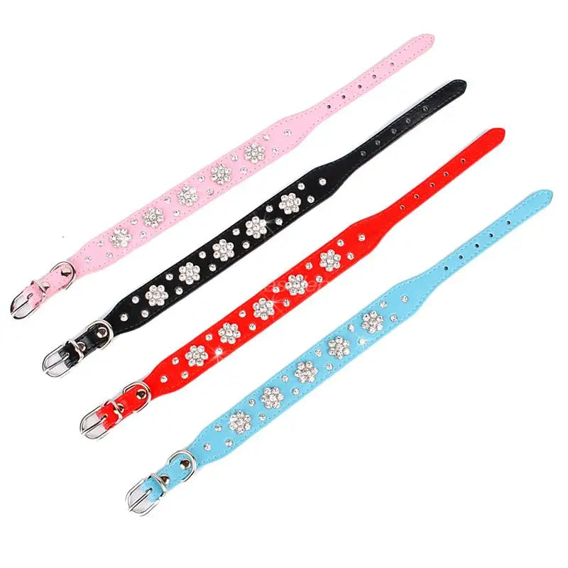 Coleira diamante de couro com strass para cachorro, colar para cães pequenos e médios, com cristal brilhante, rosa e vermelho