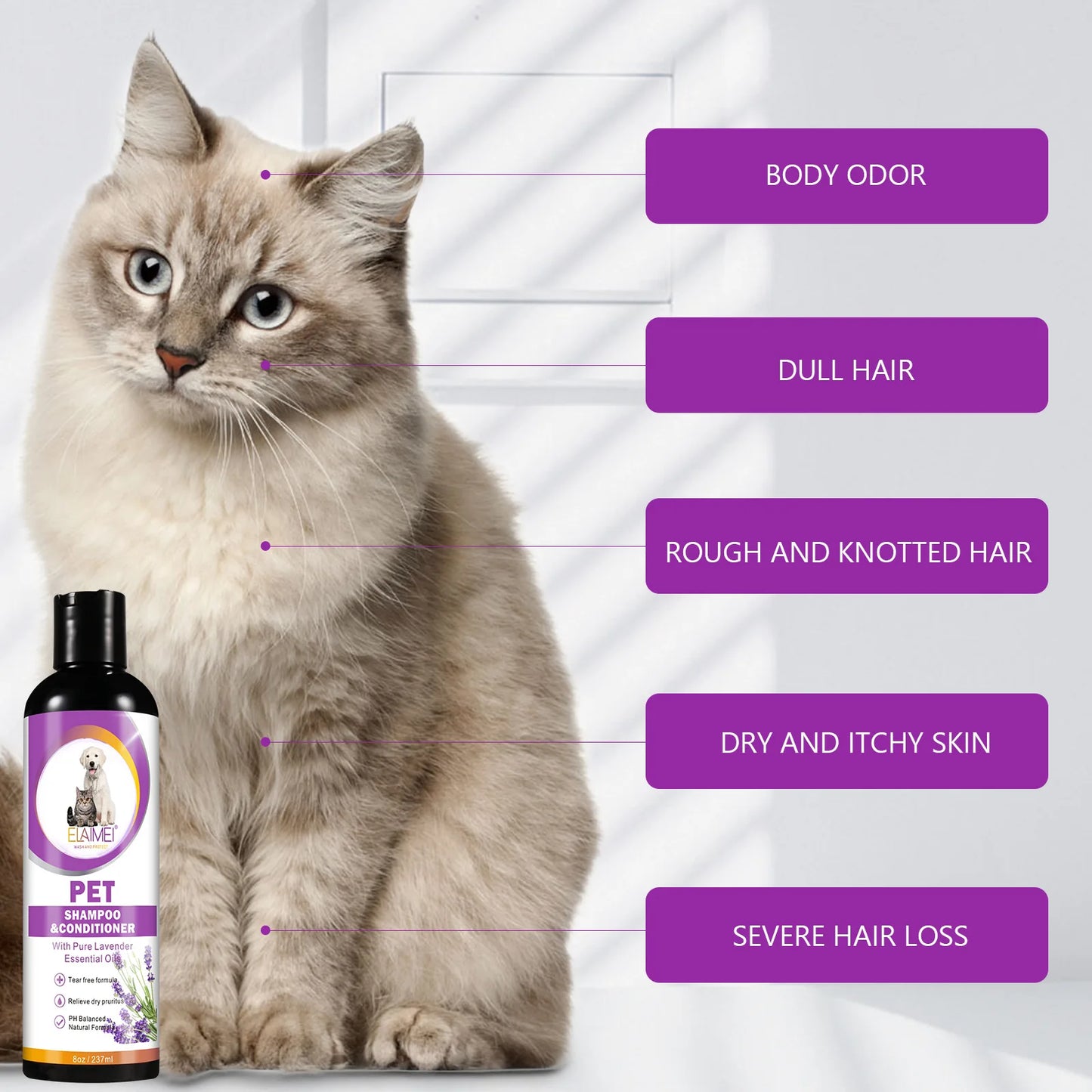 Shampoo para animais de estimação para cães, projetado para remover manchas, cuidar dos cabelos, aliviar a secura e coceira, elimina o odor corporal e nutre