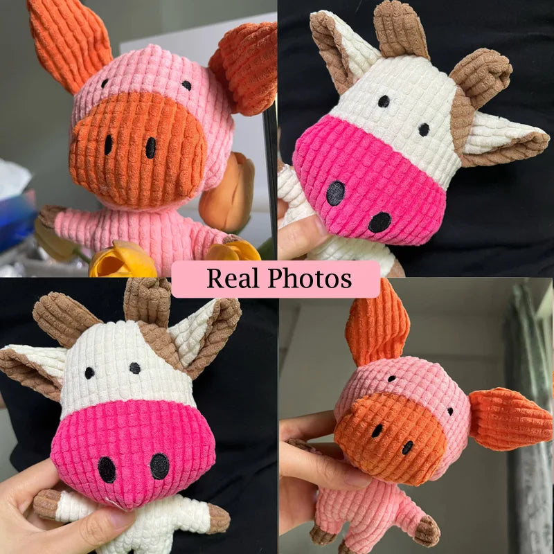 Brinquedo de pelúcia para animais de estimação pequenos e médios, brinquedos interativos engraçados, formato de vaca/marco, suprimentos de brinquedo de mastigar para cães de pelúcia