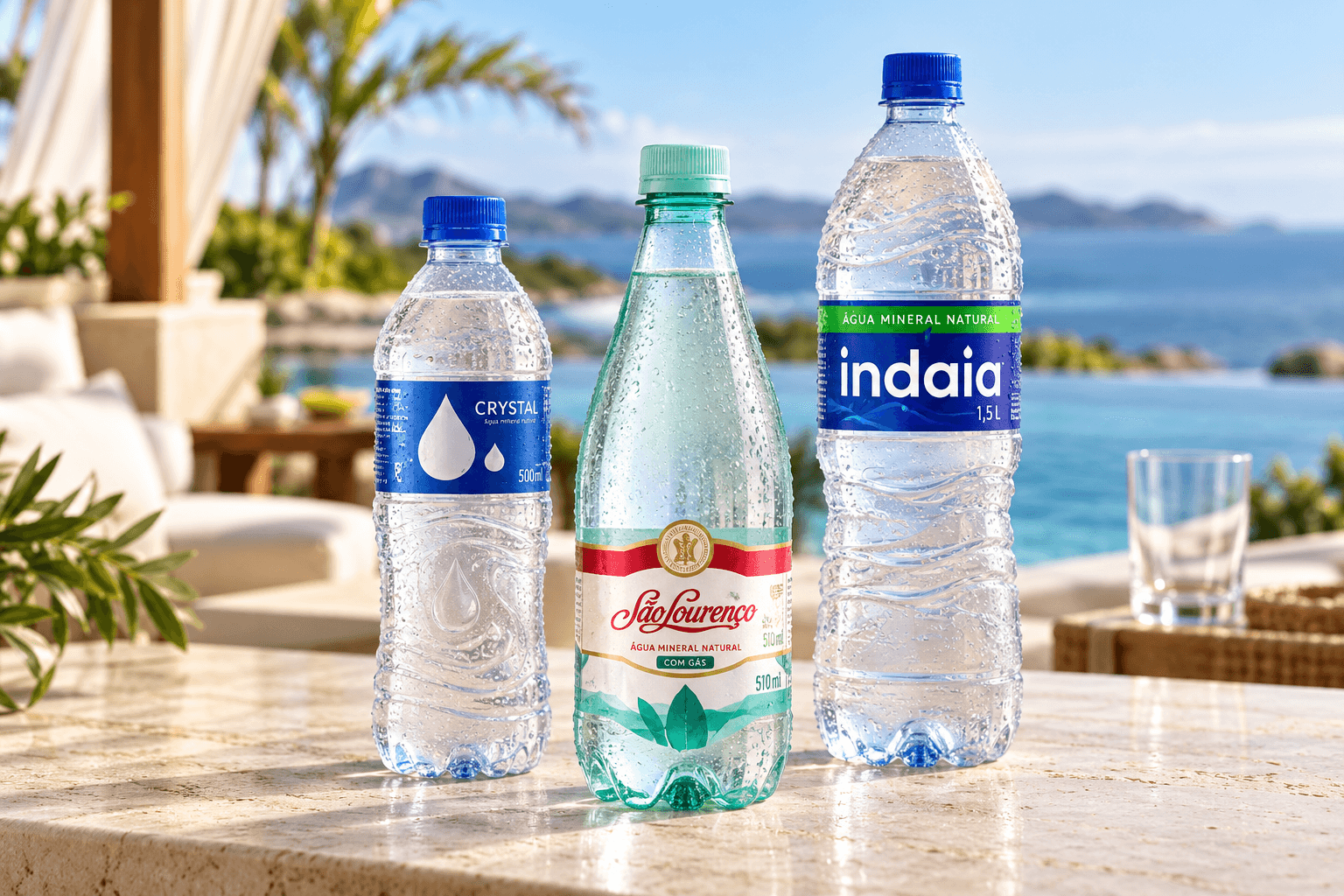 Montagem ilustrativa de três produtos de Águas em uma ocasião de consumo