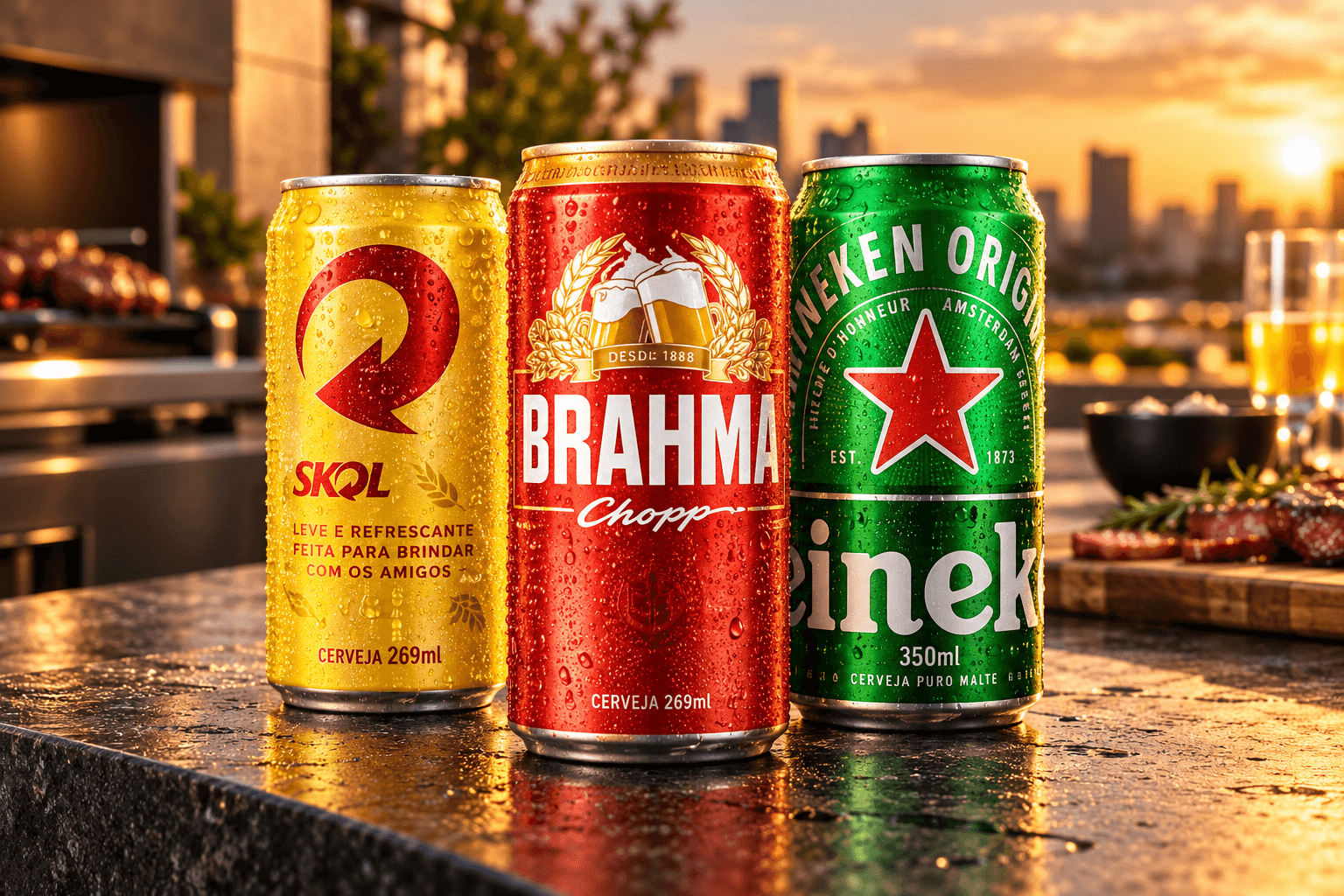 Montagem ilustrativa de três produtos de Cervejas em uma ocasião de consumo
