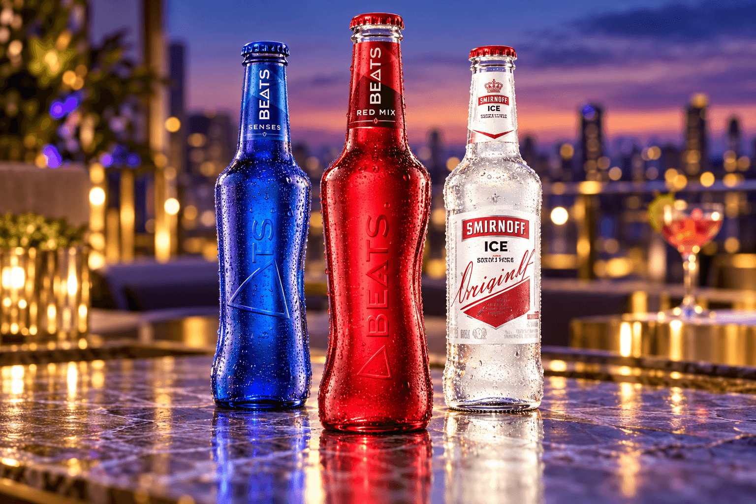 Montagem ilustrativa de três produtos de Drinks Prontos em uma ocasião de consumo
