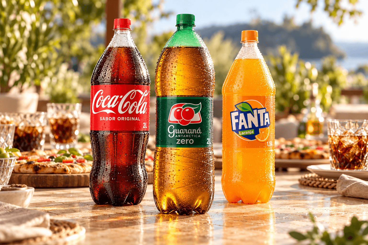 Montagem ilustrativa de três produtos de Refrigerantes em uma ocasião de consumo