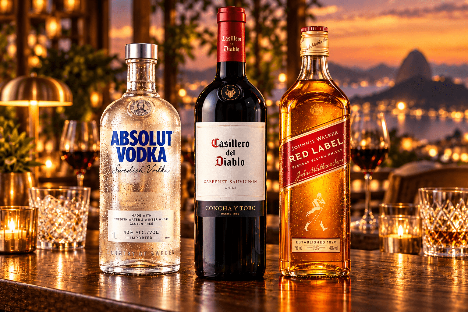 Montagem ilustrativa de três produtos de Vinhos e Destilados em uma ocasião de consumo