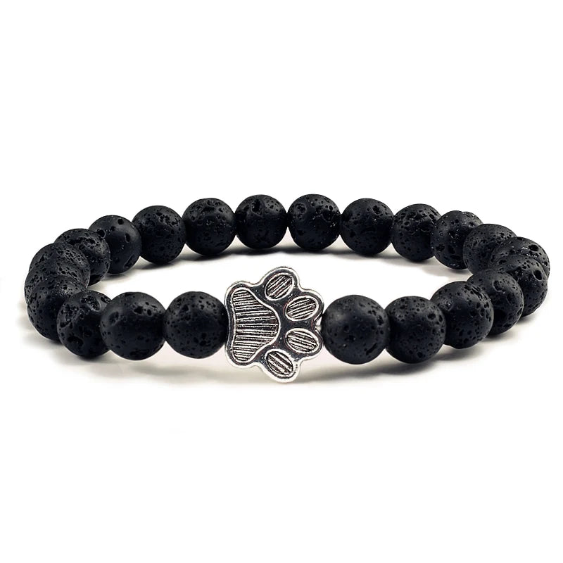 Natural fosco preto lava pedra vulcânica pata impressão charme pulseira homme femme animal de estimação memorial gato cão amantes jóias pulseiras presentes