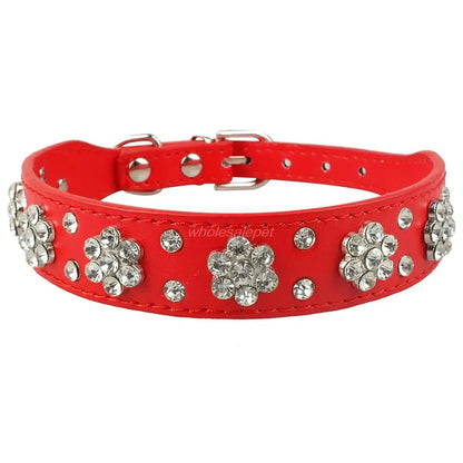 Coleira diamante de couro com strass para cachorro, colar para cães pequenos e médios, com cristal brilhante, rosa e vermelho