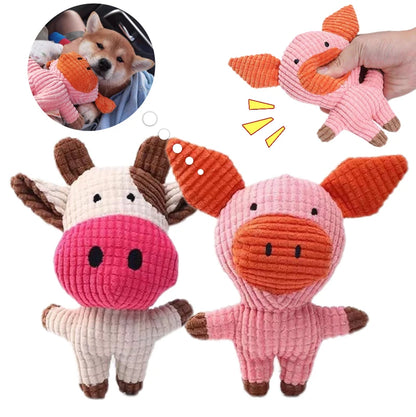 Brinquedo de pelúcia para animais de estimação pequenos e médios, brinquedos interativos engraçados, formato de vaca/marco, suprimentos de brinquedo de mastigar para cães de pelúcia