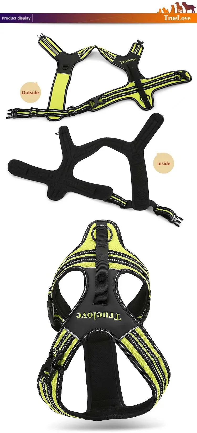 Truelove esporte náilon reflexivo nenhuma tração cão arnês aventura ao ar livre pet colete com alça xs a xl 5 cores em estoque fábrica