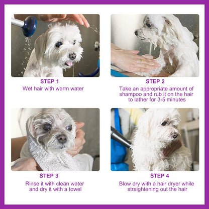 Shampoo para animais de estimação para cães, projetado para remover manchas, cuidar dos cabelos, aliviar a secura e coceira, elimina o odor corporal e nutre