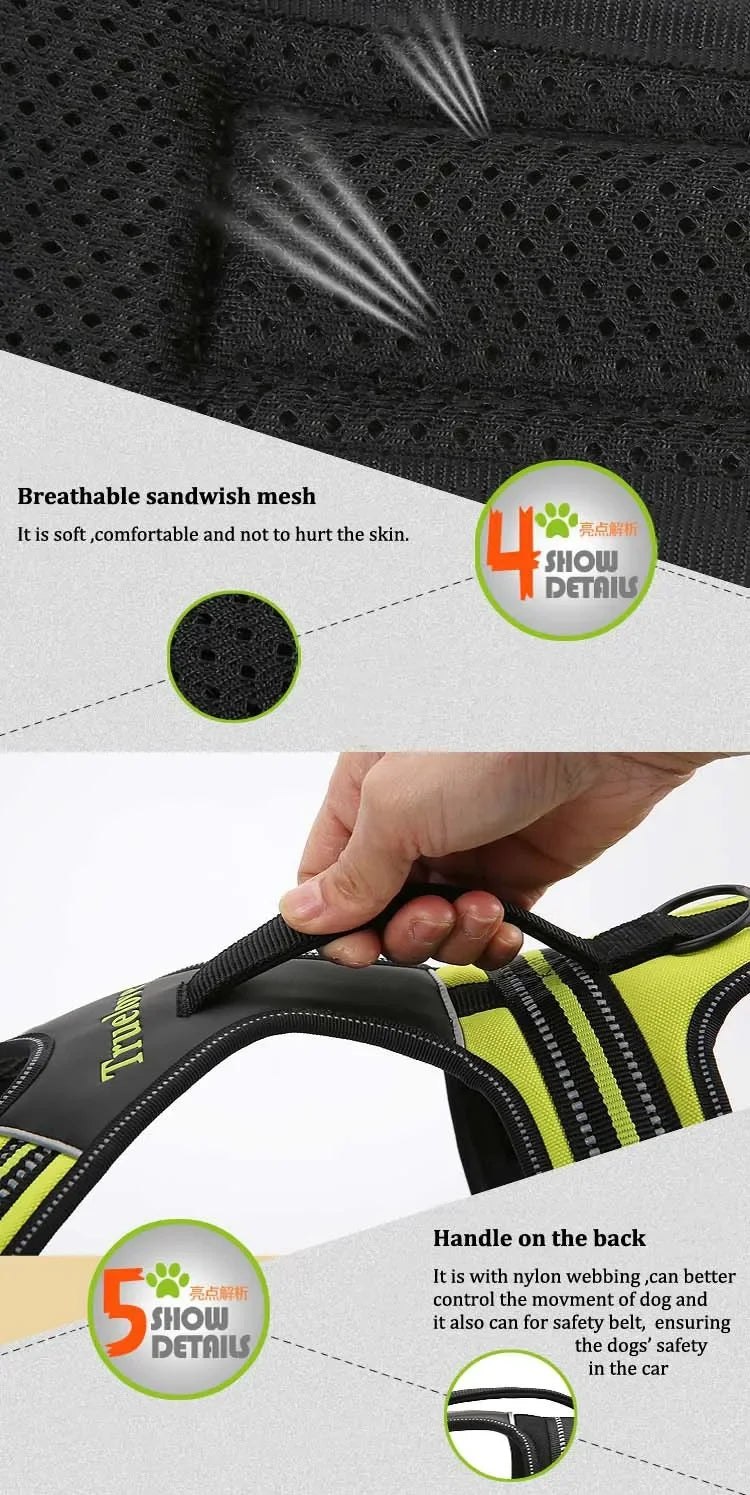 Truelove esporte náilon reflexivo nenhuma tração cão arnês aventura ao ar livre pet colete com alça xs a xl 5 cores em estoque fábrica