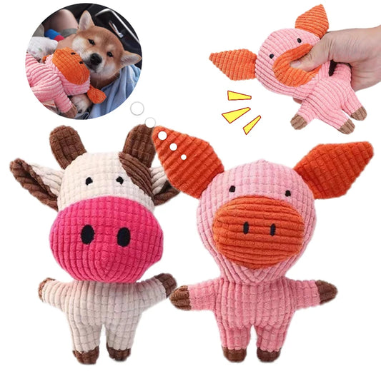 Brinquedo de pelúcia para animais de estimação pequenos e médios, brinquedos interativos engraçados, formato de vaca/marco, suprimentos de brinquedo de mastigar para cães de pelúcia